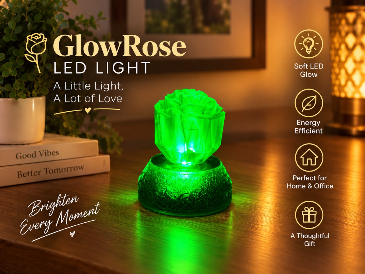 GlowRose LED light glowing green on a wooden desk